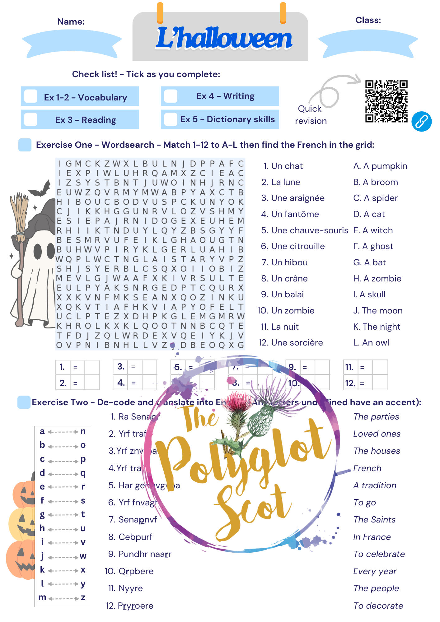 French Halloween worksheet (cover lesson/revision/homework) Teaching