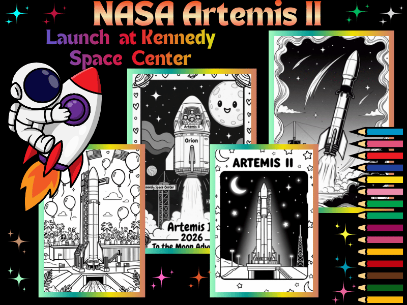 NASA Artemis II Launch at Kennedy Space Center: Coloring Pages for Kids | STEM