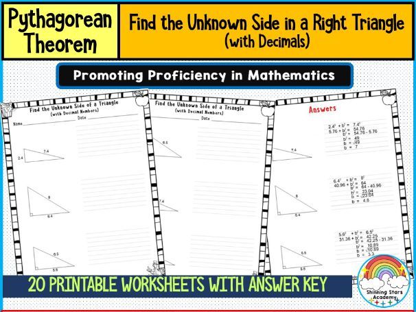 Find the Unknown Side in a Right Triangle (with Decimals) Worksheets Pythagorean Theorem Practice