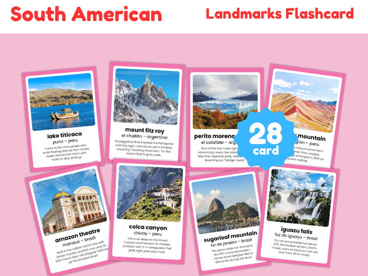 South America Landmarks Flashcards | 28 Famous Places & Geography Cards