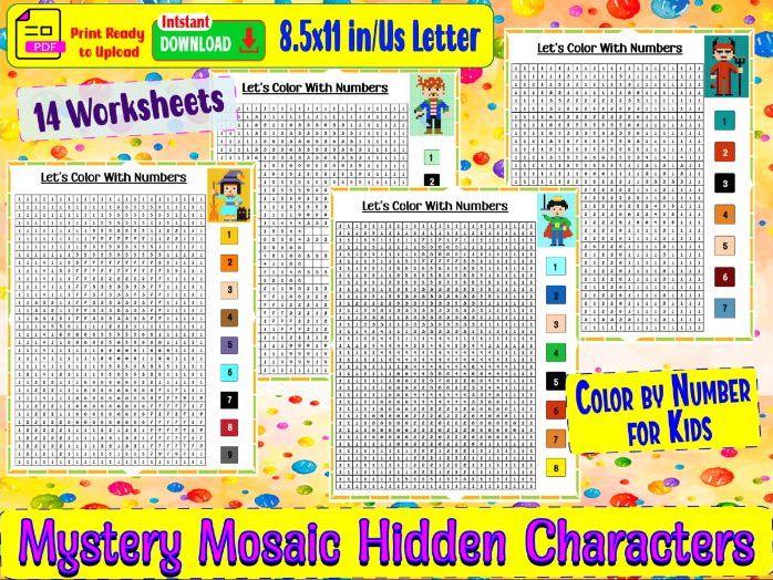 Mystery Mosaic- Hidden Characters Color by Number for Kids