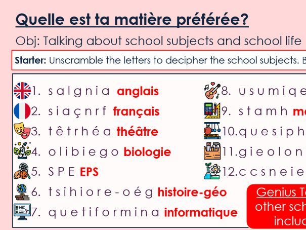 NEW 2026 GCSE French. Foundation/ Vert. Module 3: Unit 1. Quelle est ta matière préférée?