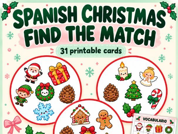 Spanish Christmas Find the Match Game | 31 Cards + Vocabulary Sheet