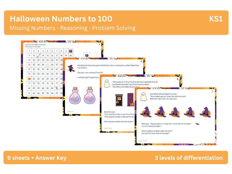 Halloween KS1 Numbers to 100: Missing Numbers, Maths Activities Plus RPS