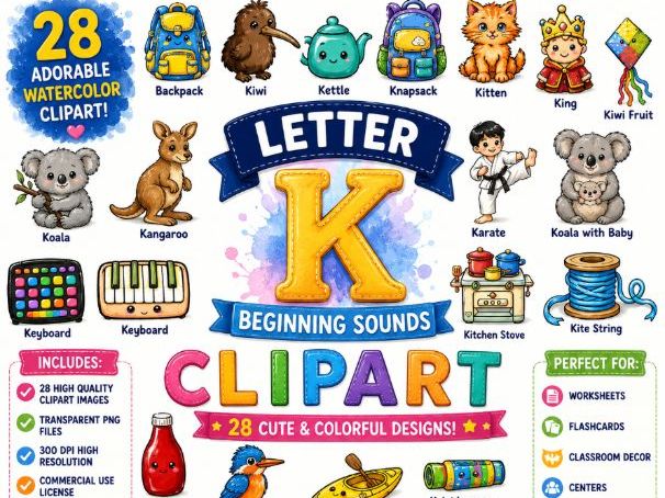 Letter K Watercolor Clipart | Beginning Sounds Alphabet Bundle