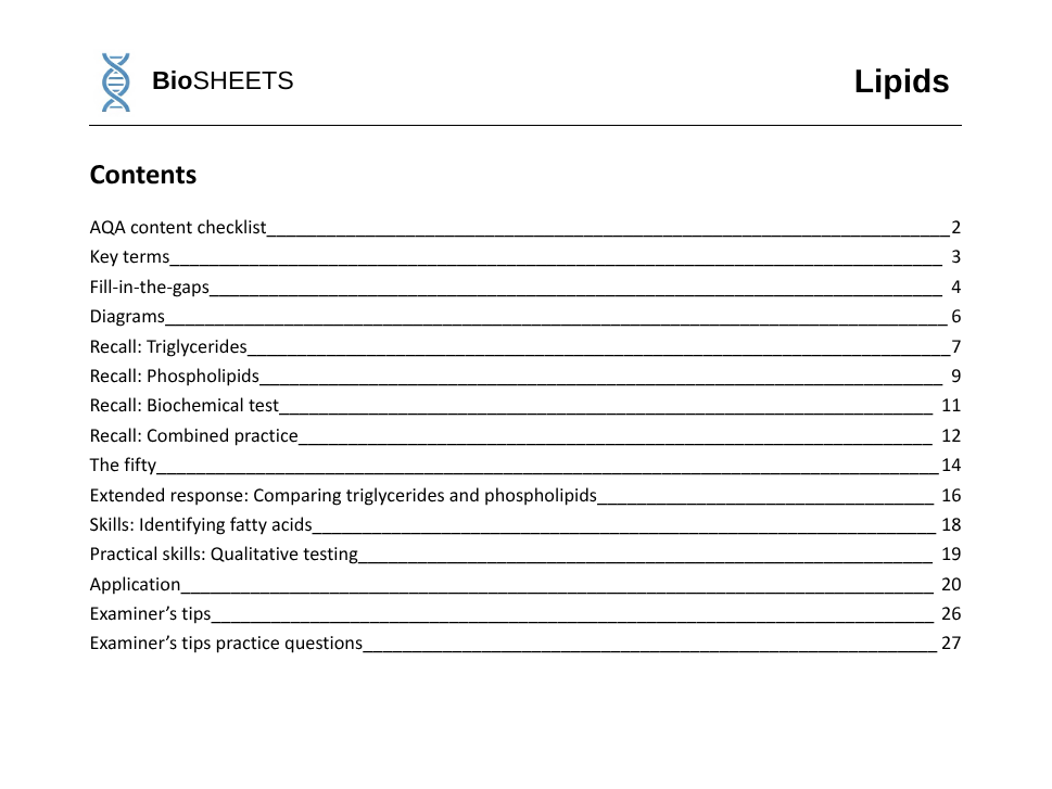 AQA A-Level Biology: 1.3 Lipids –  BioSHEETS Complete Study & Practice Pack