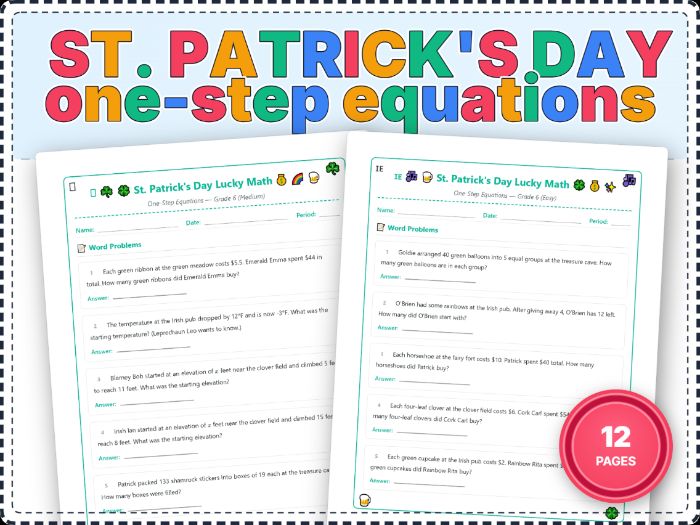 One Step Equations Word Problems - St. Patrick's Day Algebra Math Fun Activity No Prep