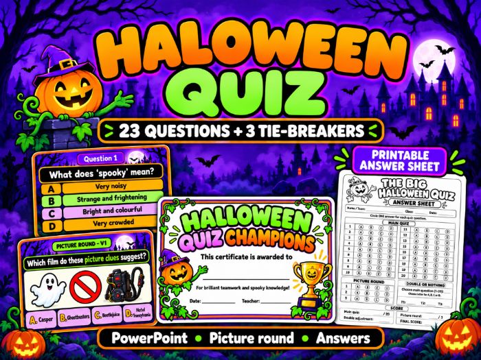 Halloween Quiz PowerPoint | 23 Questions + 3 Tie-Breakers | Picture Round & Certificate
