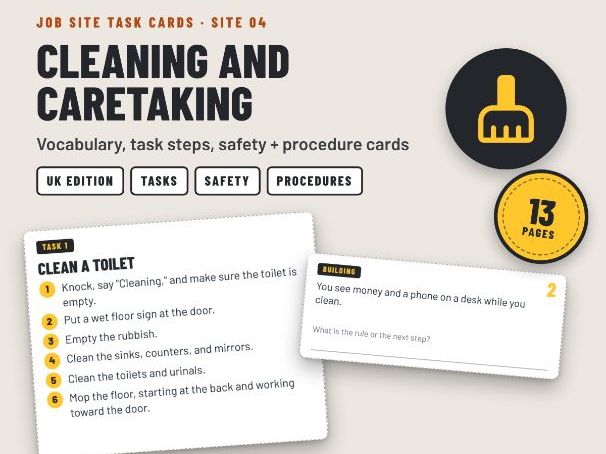 Cleaning + Caretaking Task Cards: Toilets, Chemical Safety + Mopping - SEND Post-16 (UK)