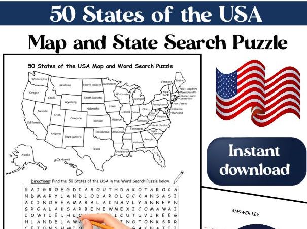 50 States of the USA Printable Map and Word Search Puzzle Printable Activity