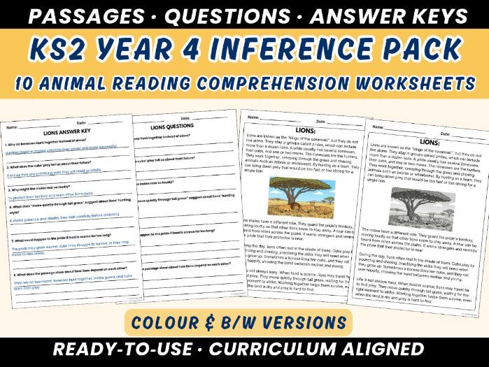KS2 Year 4 Inference Reading Comprehension Pack | 10 Animal Passages, Worksheets & Answer Keys