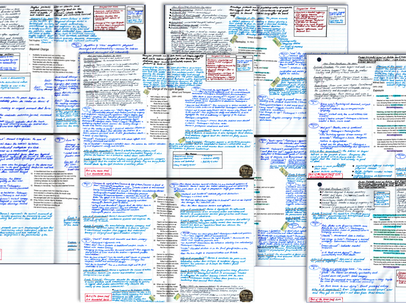 Annotated Poetry Pack: AQA Power and Conflict -Bayonet Charge, Exposure, Charge of the Light Brigade, Remains