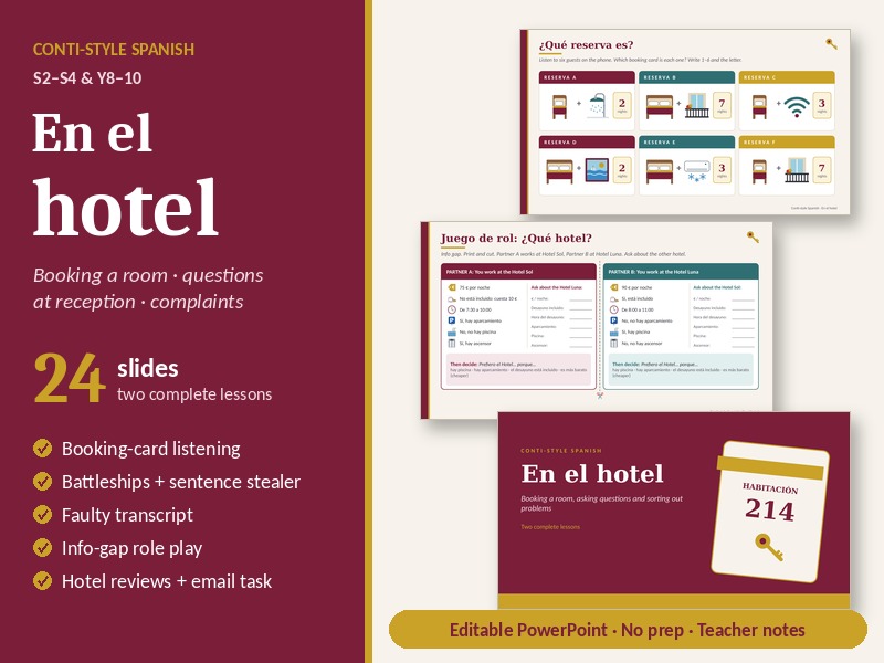 Spanish Hotel Booking Lessons (x2): En el hotel | Conti-style upper KS3/GCSE