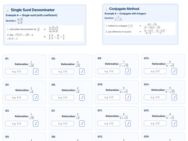 Rationalising the Denominator Worksheet + Answers | GCSE / IGCSE Maths