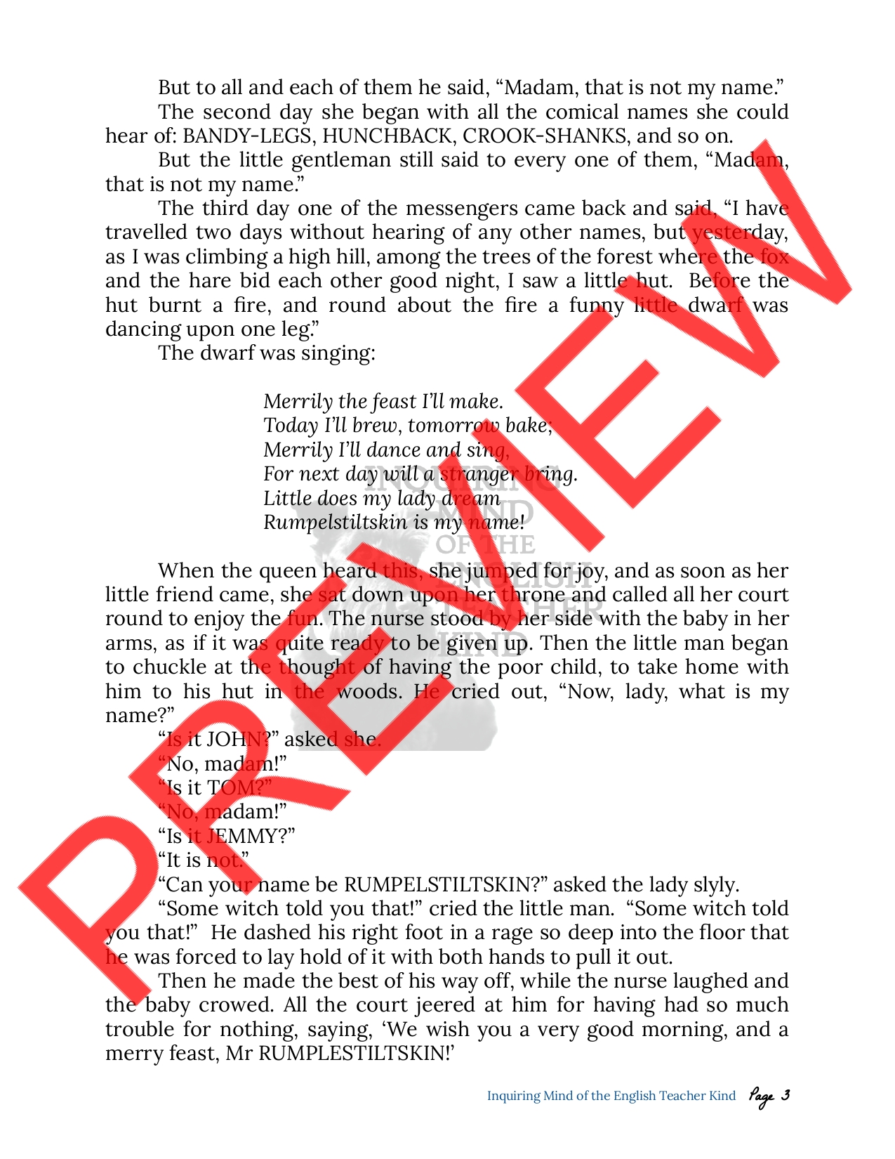 "Rumpelstiltskin" by the Brothers Grimm Quiz and Answer Key Teaching