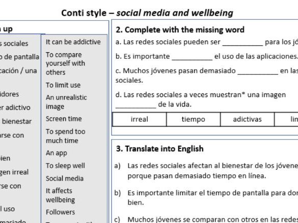 Social Media and Wellbeing in Spanish – Conti-Style Vocabulary & Practice Worksheet