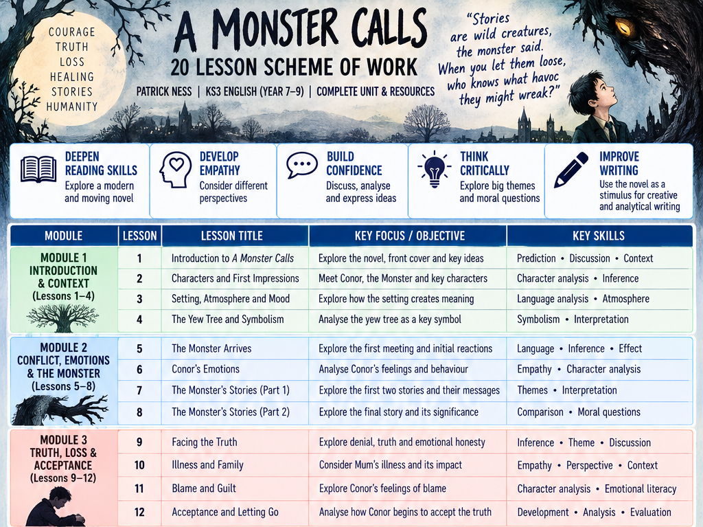 A Monster Calls by Patrick Ness | 20 Lessons & Worksheets | Complete KS3 English Novel Study