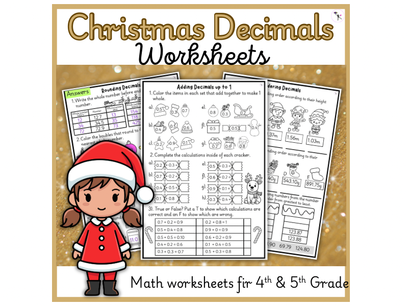 4th & 5th Grade Decimals Christmas Math Worksheets Comparing, Rounding, Adding