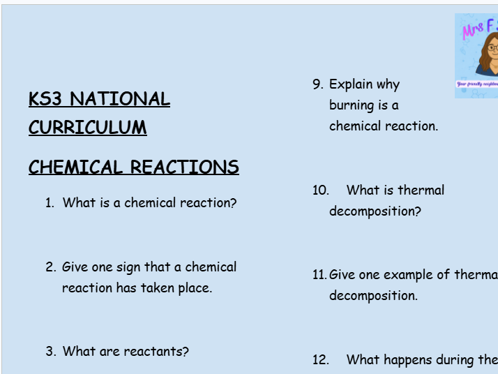 KS3 Chemistry: Chemical Reactions – 30 Question Retrieval Worksheet