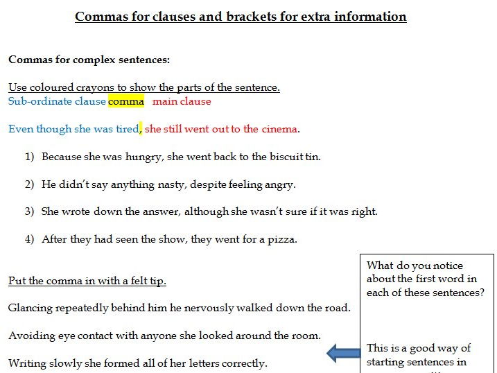 Commas for clauses worksheets (subordinate, embedded, relative, brackets)