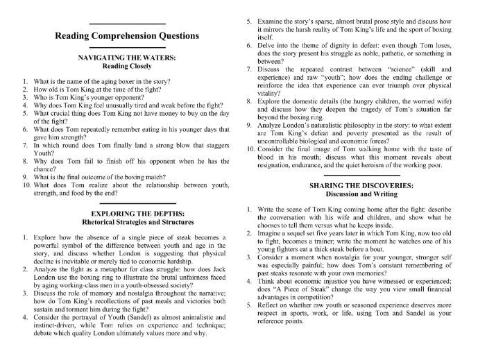 A Piece of Steak by Jack London with Reading Comprehension Questions