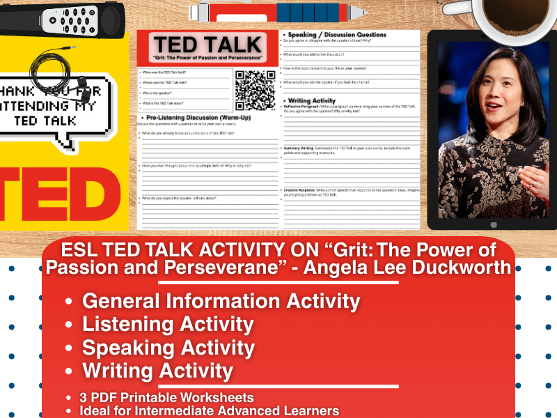 ESL TED Talk Activity Worksheets - Grit: The Power of Passion and Perseverance