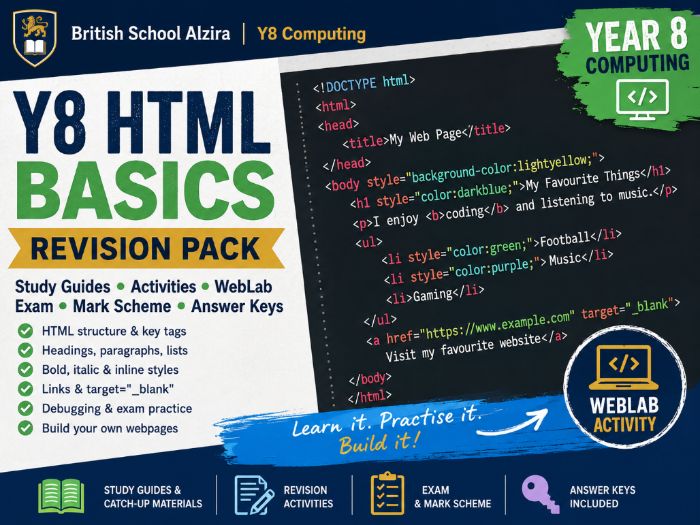 Year 8 HTML Basics Revision Pack | HTML Tags, Lists, Inline Styles, Exam & WebLab Activities