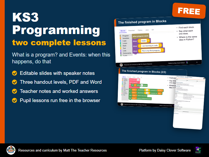 KS3 Programming: 2 free lessons (What is a program? and Events) with slides, handouts and answers