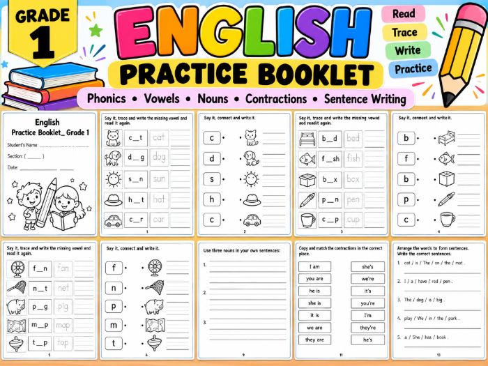 Grade 1 English Practice Booklet | Vowels, Phonics, Contractions & Sentence Writing