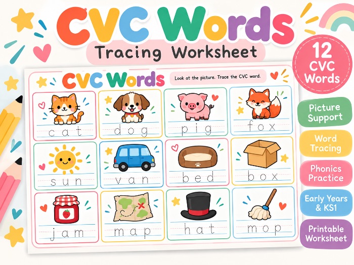 CVC Words Tracing Worksheets | Early Years & KS1