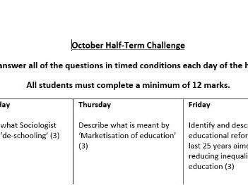 October half term Challenge - AQA GCSE Sociology