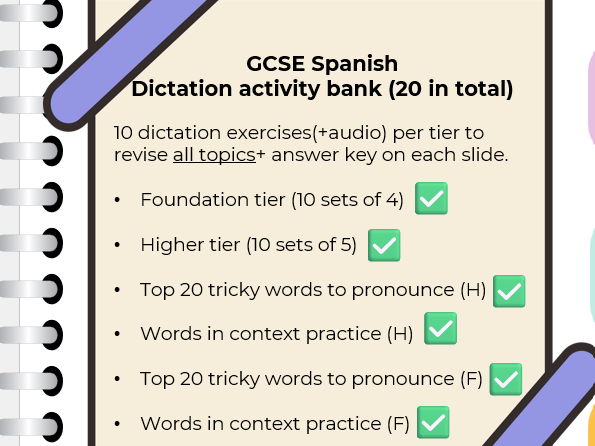 GCSE Spanish revision: 20 Dictations pack with audio - both tiers + extras (AQA,2026)