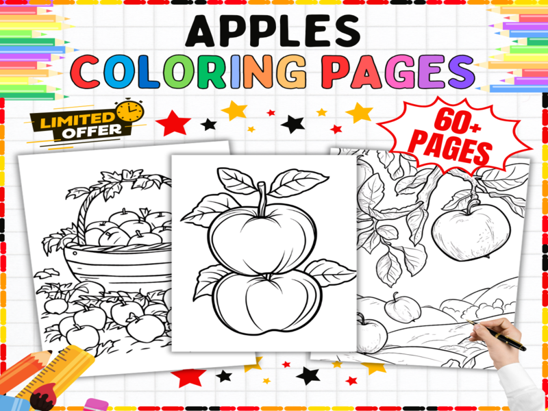 Apples Colouring Pages Bundle | 60+ Printable Sheets | Autumn Harvest Fruit Art Activities