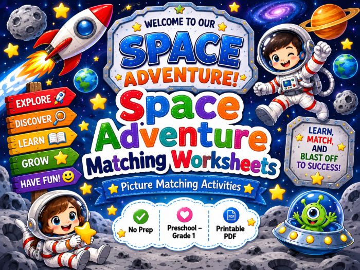 Space Matching Worksheets | Picture, Shadow, Letters & Numbers | Preschool–Grade 1