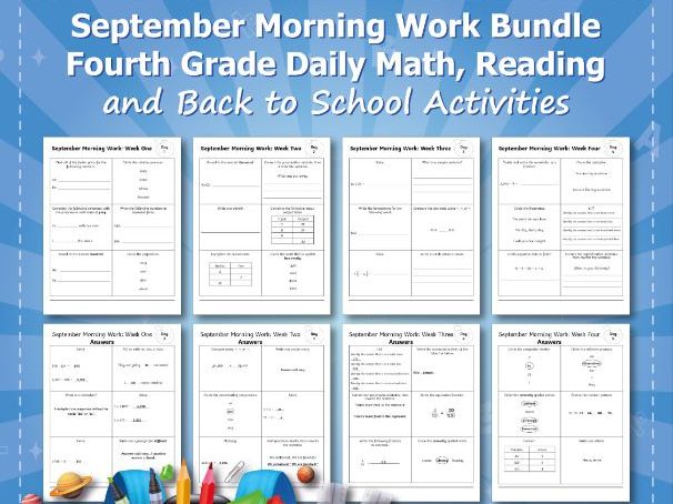 Fourth Grade Back to School September Themed Daily Review Morning Work | Reading | Math