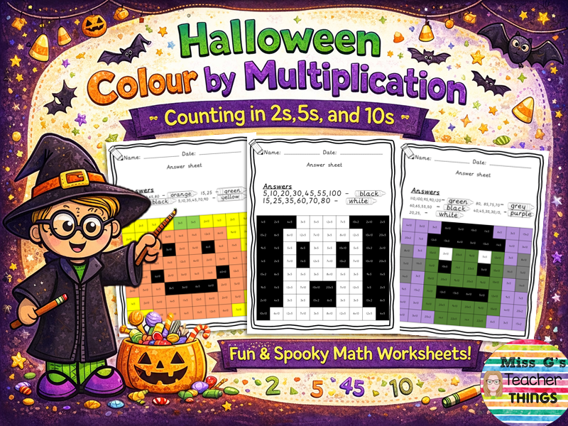 Halloween Colour by multiplication - counting in 2s 5s and 10s Y2 Y3 KS1 KS2