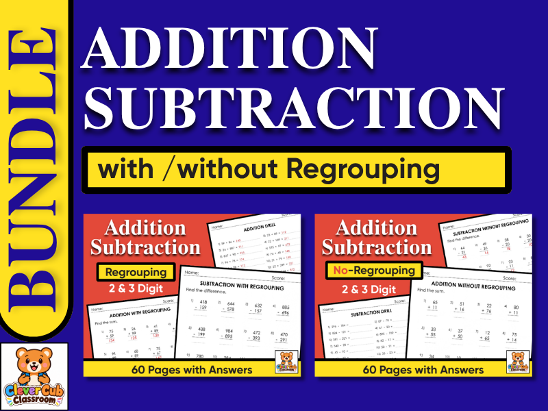 2 & 3 Digit Addition and Subtraction Worksheets | With & Without Regrouping Bundle