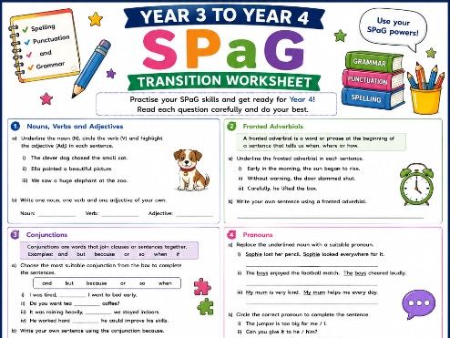Year 3 to Year 4 SPaG Transition Worksheet | Spelling, Punctuation & Grammar Revision | KS2