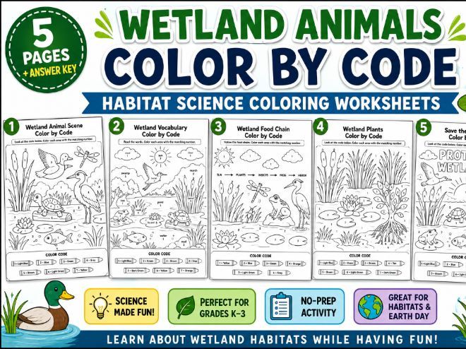Wetland Animals Color by Code Worksheets | Habitat Science Coloring Pages | K–3