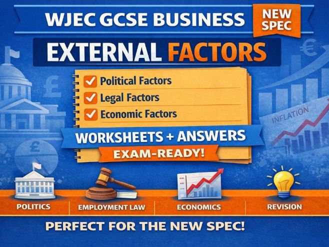 WJEC (2025 spec) GCSE Business Unit 3.2 External Factors Homework Pack | 3 Worksheets + Mark Scheme