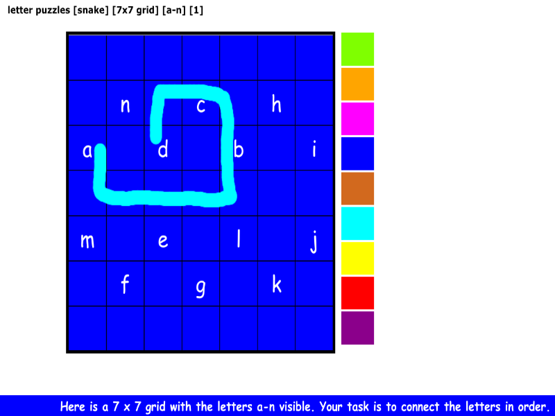letter puzzles [snake] [7x7 grid] [a-n] [1]