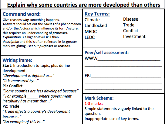 Year 9 / KS4 Geography, essay assessment sheet. Topic: development.