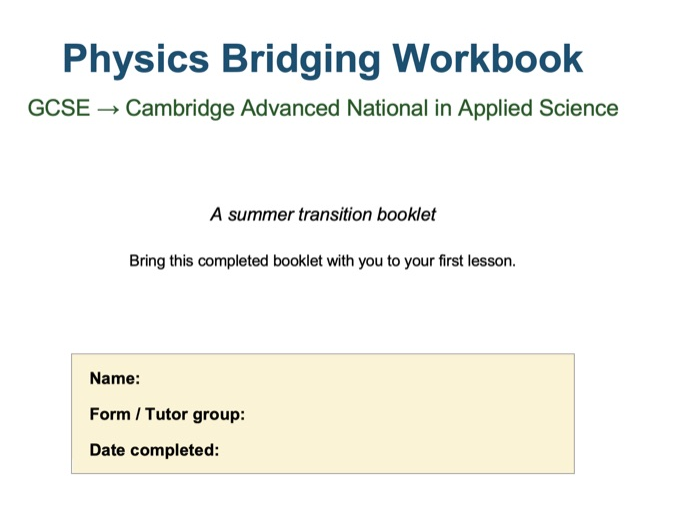 OCR AAQ Applied Science Summer Bridging workbook Physics