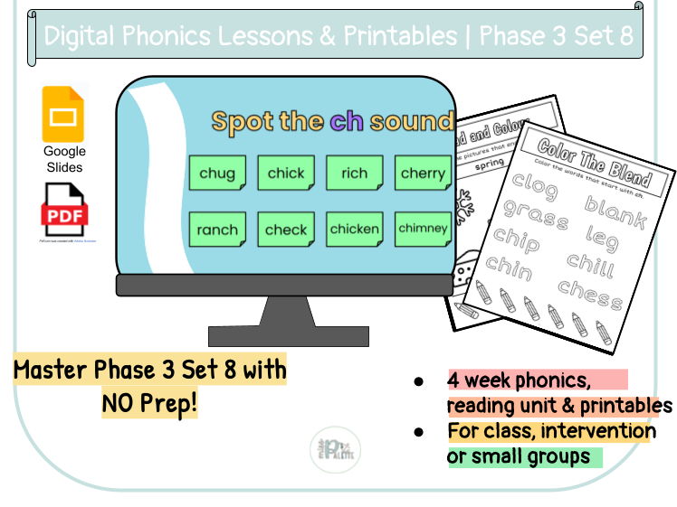 Phase 3 Set 8 Digital Phonics Lessons & Printable Worksheets | No Prep