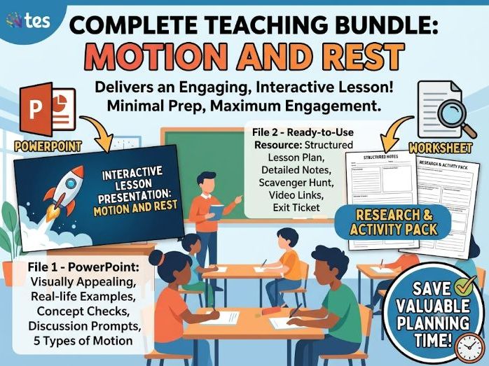 Motion and Rest Teaching Bundle of 2| Interactive PPT, Research Pack, Scavenger Hunt & Exit Ticket