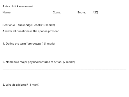 KS3 Africa unit test and mark scheme. Plus knowedge organiser