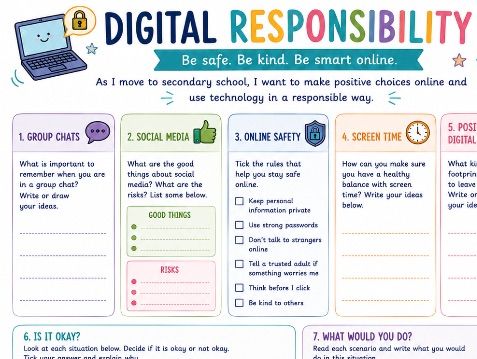 Year 6 to Year 7 Transition | Digital Responsibility Worksheet | Online Safety & PSHE Activity | KS2
