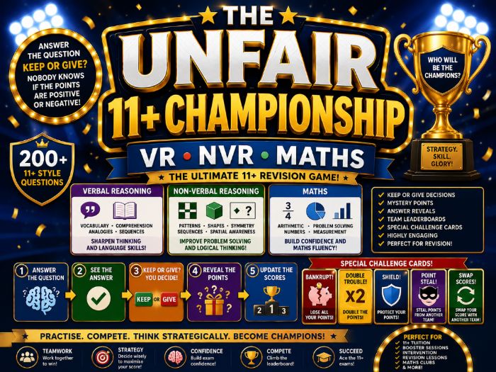 The Unfair 11+ Maths, VR & NVR Revision Game