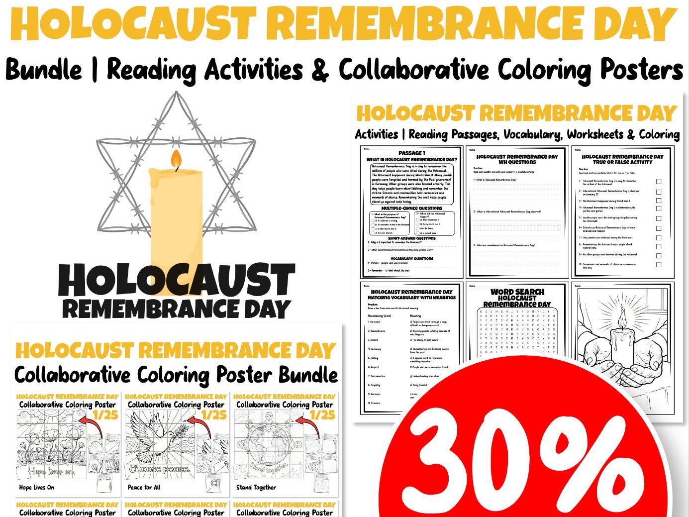 Holocaust Remembrance Day Bundle | Reading Activities & Collaborative Posters