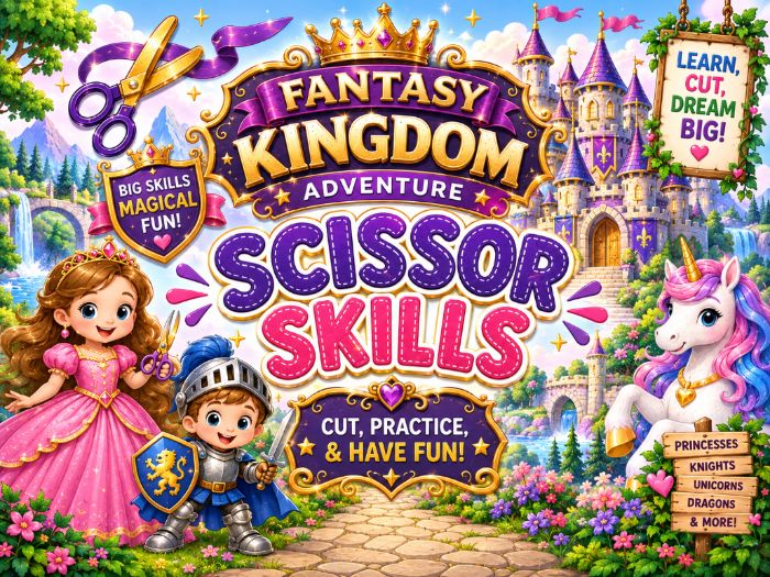 Fantasy Kingdom Scissor Skills Worksheets | Cutting Practice & Fine Motor Activities | Preschool–1st